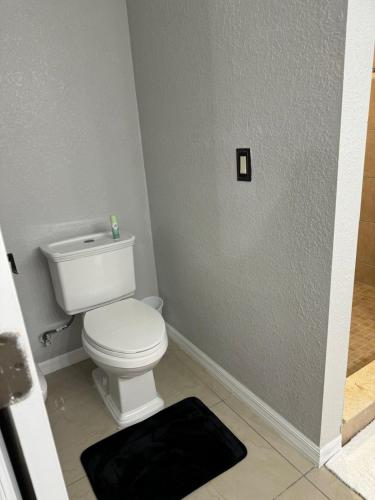 a bathroom with a white toilet and a black rug at Sunshine guesthouse in Mulberry