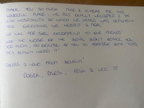 a handwritten letter on a white piece of paper at Dromane Lodge self-catering apartment eircode V94HR5C in Limerick