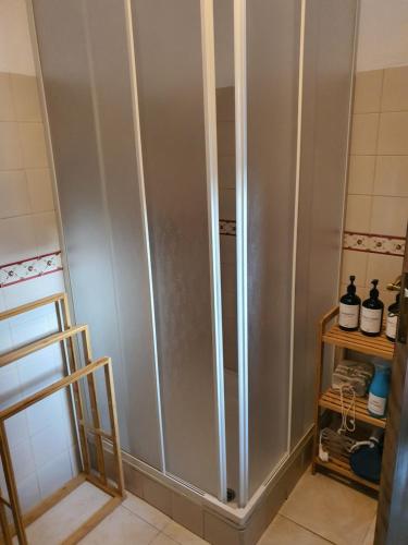 a shower stall in a bathroom with a shelf at Casa Iris Cunqueiros in Sobreira Formosa