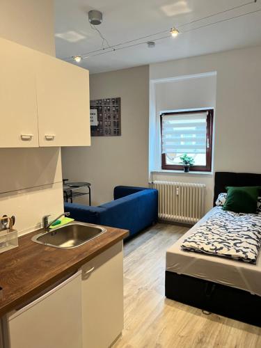 a kitchen and a living room with a sink and a couch at LENASTAY I City Comfort Apartment in Top Location in Kaiserslautern