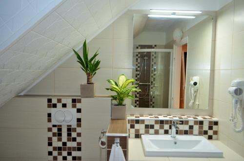 a bathroom with a sink and a mirror at FaDóra Apartman in Tihany