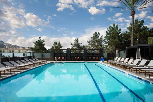 a large swimming pool with chairs and a palm tree at San Diego Marriott Del Mar in San Diego