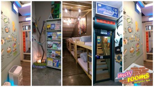 three pictures of a room with a toy refrigerator at May Rooms Taipei Nangang Station in Taipei