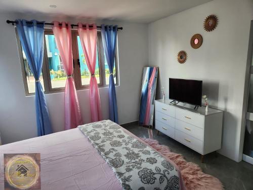 a bedroom with a bed and a flat screen tv at Simpson's Little Gem in Kingston