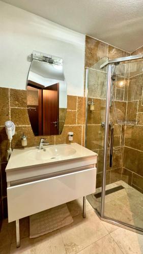 a bathroom with a sink and a shower with a mirror at Doftana Nature Events in Trăisteni