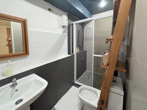 a bathroom with a sink and a toilet and a mirror at Kalachuchi Inn 薄荷雞蛋花旅宿 in Panglao