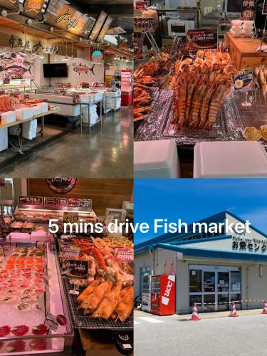 a collage of four pictures of a fish market at Seaside Villa Itoman in Itoman
