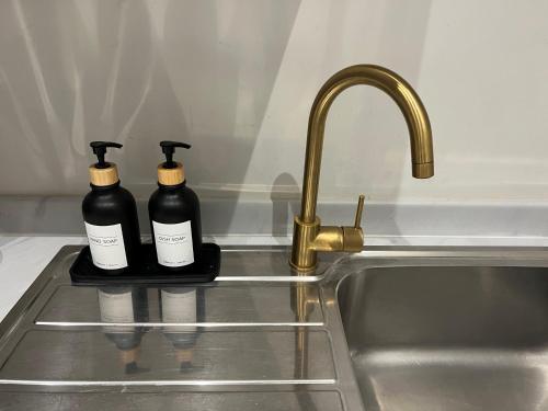 two bottles of soap sitting on a kitchen sink at The Rookery in Selborne