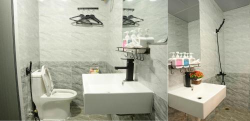 two pictures of a bathroom with a sink and a toilet at Spring Home Hà Nội in Hanoi