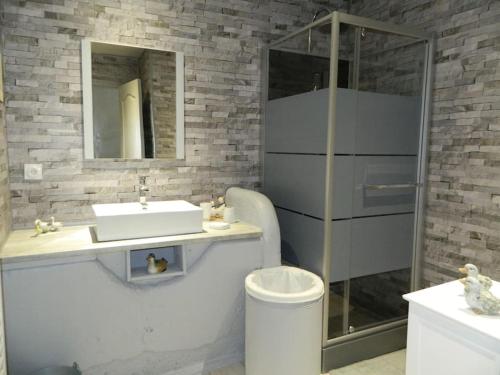 une salle de bain avec un lavabo et une douche dans l'établissement L'Etablourotte, ancienne étable, à Herpelmont