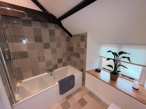 ein Badezimmer mit Badewanne und Topfpflanze in der Unterkunft 2 Bedroom Cottage in Bower Hinton - The Music Barn! in Martock