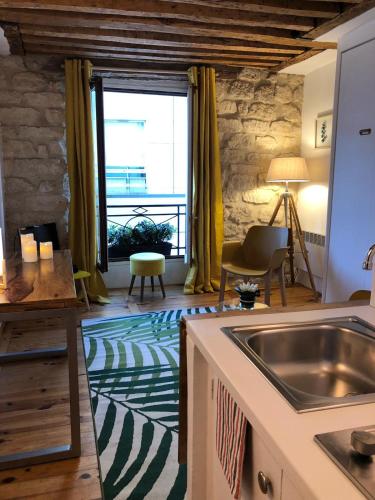 une cuisine avec un évier et un salon dans l'établissement Coup de cœur à Montorgueil, à Paris