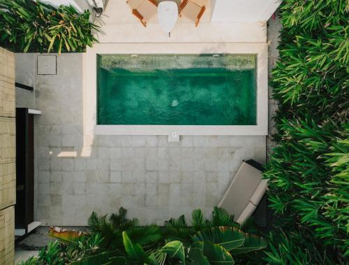 a swimming pool in a room with green plants at Marlaca Villas Lombok in Kuta Lombok