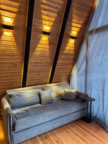a couch in a room with wooden walls and lights at Cottage Sataplia in Kutaisi