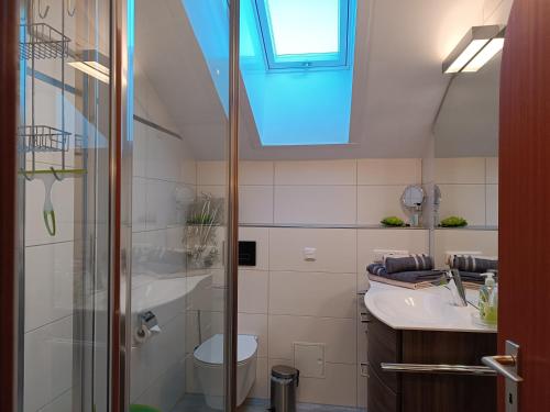 a bathroom with a sink and a toilet and a window at 2-Raum FeWo Almenrausch - Hallenbad & Sauna in Fischen