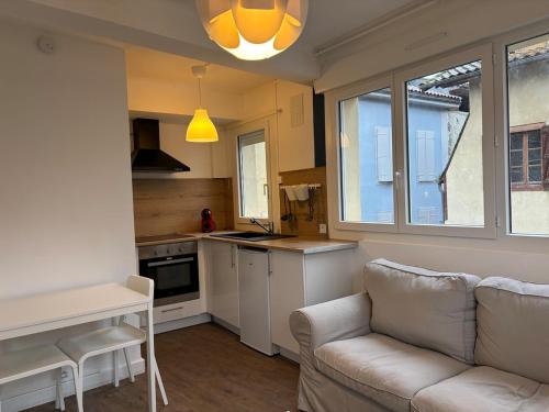 a living room with a couch and a kitchen at L'Écrin Bleu in Saint-Gaudens