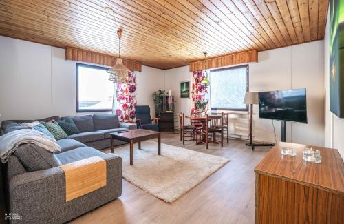 a living room with a couch and a tv at Perinteikäs 3 makuuhuoneen koti in Kainuu