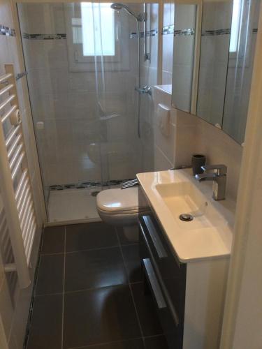 une salle de bain avec une douche, un lavabo et des toilettes dans l'établissement Chez louloute, à Fréjus