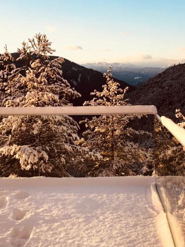a view of a snow covered mountain with trees at Chalet Tschattlhof Dolomites in Ponte Nova