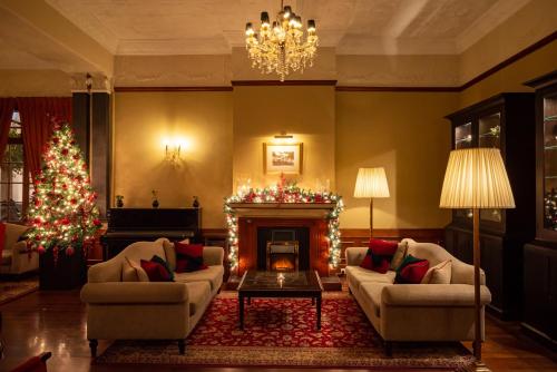 a living room with a christmas tree and a fireplace at The Grand Hotel - Heritage Grand in Nuwara Eliya