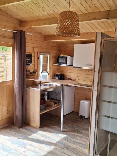 a kitchen in a wooden cabin with a counter top at LAlexandrie in Régusse