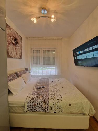 a bedroom with a bed with a tv on the wall at Stan na dan 34 in Banja Luka