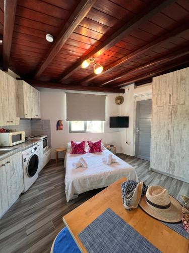 a living room with a bed and a kitchen with at Agge Mykonο stay in Platis Yialos Mykonos