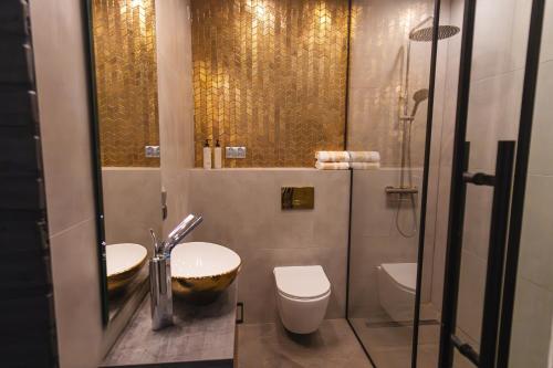 a bathroom with a sink and a toilet and a shower at Apartamenty Piernikowe Toruń Jacuzzi in Toruń