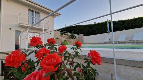 a group of red flowers in front of a house at Villa Taliala in Alcamo Marina