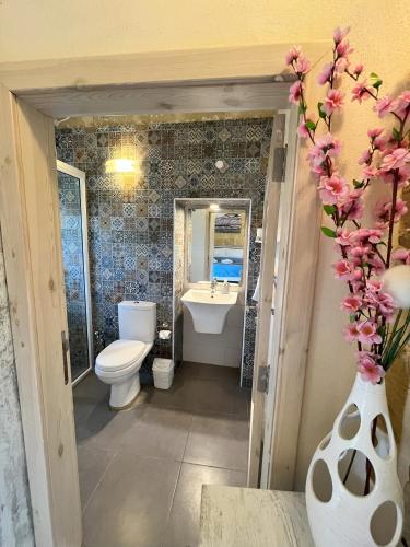 a bathroom with a toilet and a sink and a vase with flowers at Fiftyfour West Boutique Living in Għarb