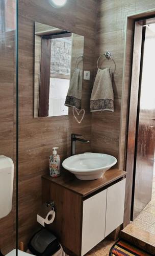 a bathroom with a sink and a mirror at Hostel Bushati in Prizren