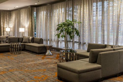 a living room with couches and a table and a plant at Huntsville Marriott at the Space & Rocket Center in Huntsville