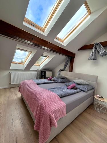 1 dormitorio con 1 cama con tragaluces en el techo en Sonnige Dachgeschoss-Oase!, en Jüterbog