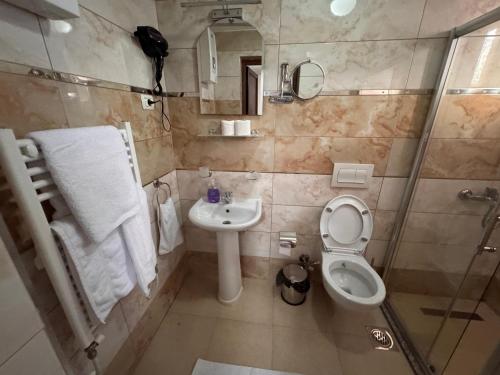 a bathroom with a toilet and a sink and a shower at Casa Leone Hotel&Restaurant in Popova Shapka