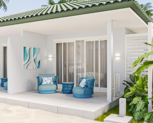 a rendering of a villa patio with blue chairs at Eriyadu Island Resort in Reethi Rah