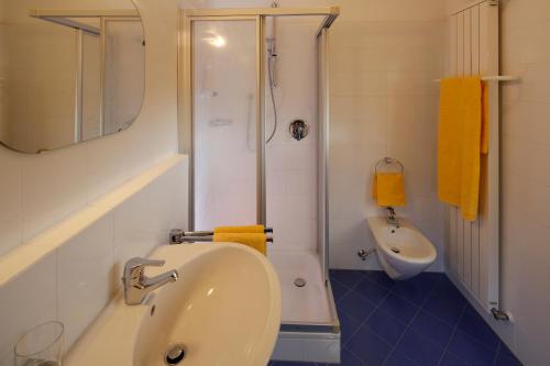 a bathroom with a sink and a shower and a toilet at Hotel Am Reschensee in Resia