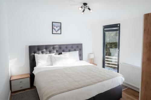 a bedroom with a large bed and a window at TheNest in Mărişel