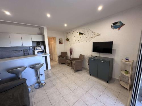 une cuisine et un salon avec une télévision et un comptoir dans l'établissement Studio climatisé 30m² avec piscine à 50m de la plage - FR-1-731-107, au Grau-du-Roi