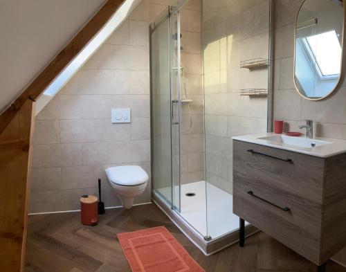 a bathroom with a shower and a toilet and a sink at Maison aux portes de Caen in Ifs