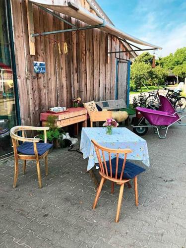 a table and two chairs and a table and a wooden shed at Shepherd's Hut a tiny ecohouse near Dwingelderveld in Ruinen