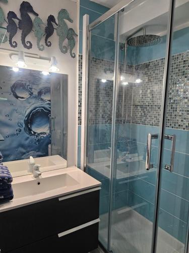 une salle de bain avec douche et lavabo dans l'établissement La vue en bleu., au Cap d'Agde