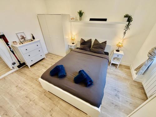 a bedroom with a large bed with blue pillows at Appartement cosy proche gare in Saint-Étienne