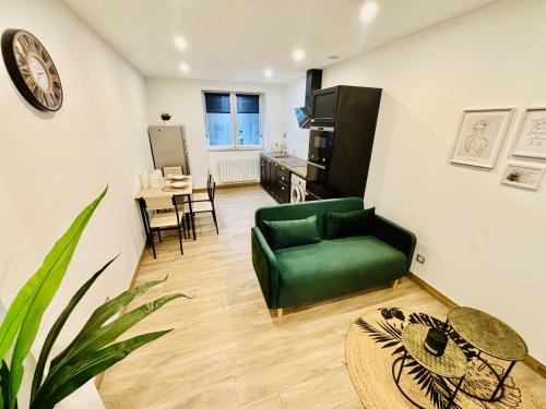 un salon avec un canapé vert et une table dans l'établissement Appartement cosy proche gare, à Saint-Étienne