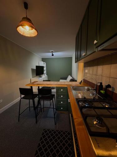 a kitchen with a counter and a table with chairs at Baraca Nordic House in Moineşti