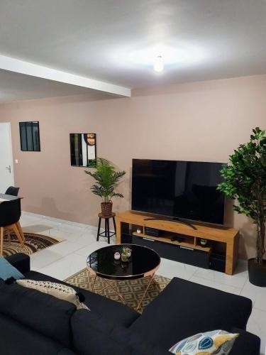 - un salon avec un canapé et une grande télévision dans l'établissement Ideal 24h Le Mans and horse European pole, à Savigné-lʼÉvêque