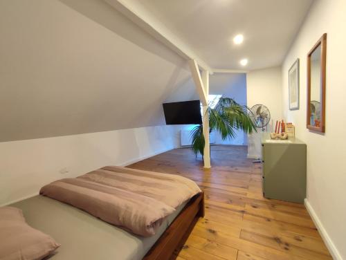 a room with a bed and a tv on the wall at Apartment 58- Ruhr Nah in Essen