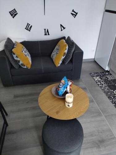 a coffee table in a living room with a couch at Bel appartement entier F1 à 5 mn de Mulhouse in Zillisheim