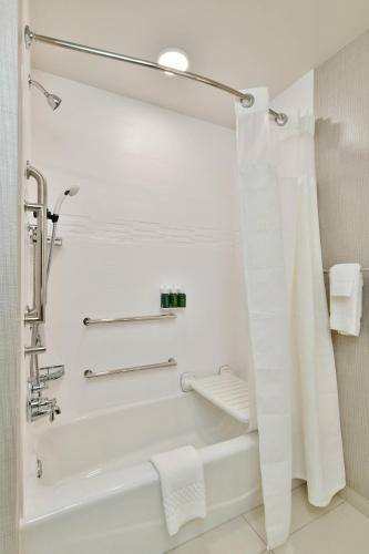 a bathroom with a tub and a shower curtain at Residence Inn by Marriott Eau Claire in Eau Claire