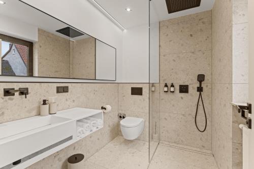 a bathroom with a shower and a toilet and a sink at 1-2 Personen - Parkplatz - Fahrradgarage - Zentrum - Küche - Balkon - Klima in Sankt Martin