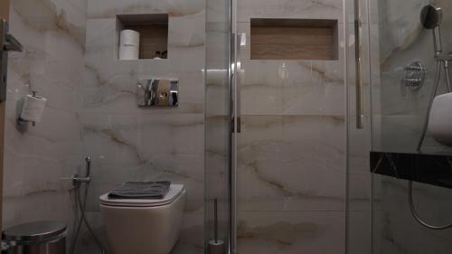 a bathroom with a toilet and a glass shower at Rooms Batalogianni in Kalabaka